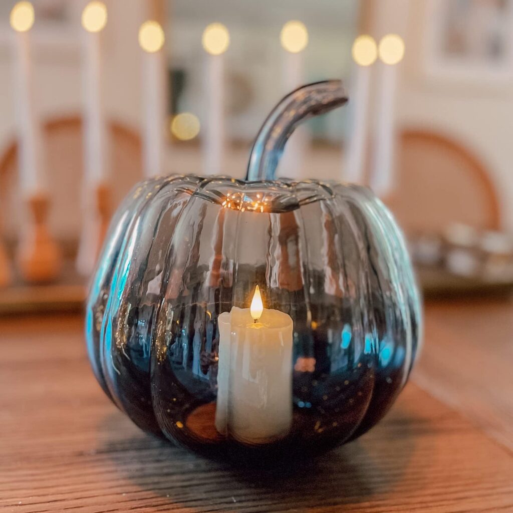 LampLust Black Pumpkin Centerpiece for Table - 8 Inch, Votive Candle & Batteries Included, Ombre Glass, Fall Pumpkin Decor 