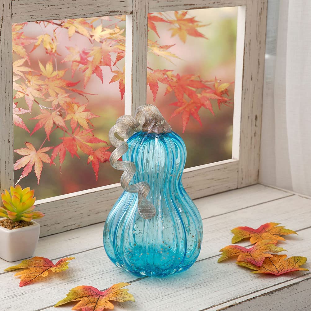 Fun Fall Pumpkins on Amazon - Blue Handblown Glass Pumpkin Table Accent for Fall & Harvest Thanksgiving Decorative - Mad Halloween