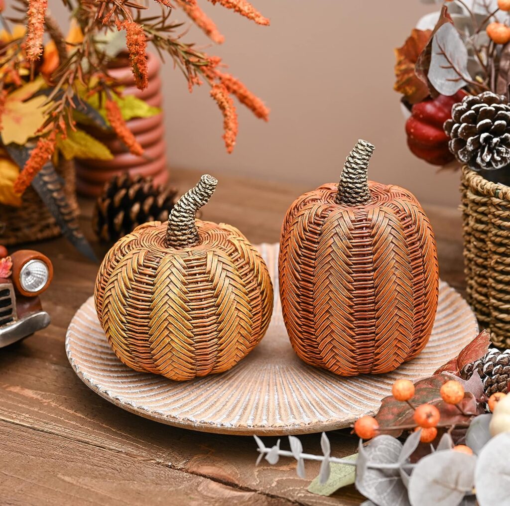 Valery Madelyn 2pcs Fall Decor Artificial Rattan Pumpkin Fall Decoration for Home Autumn Harvest Thanksgiving Halloween Party Resin Statues Tabletop Porch Yard 6.3 Inch