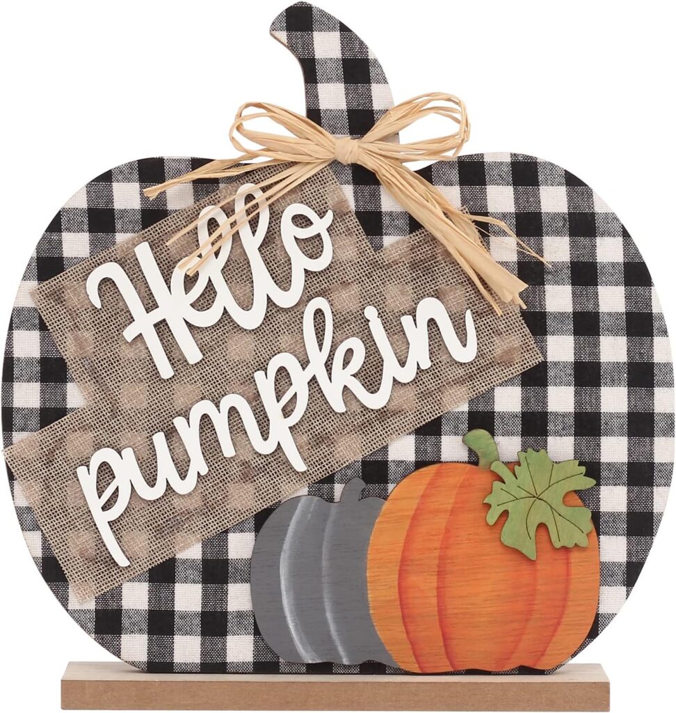Fall Hello Pumpkin Sign Decorations, 12"/30CM Wooden Autumn Buffalo Plaid Tabletop Decor