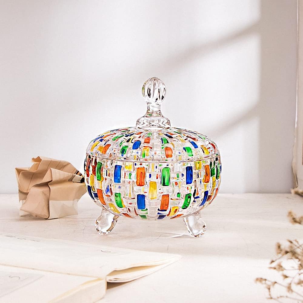 Magcolor Fall Pumpkin Elegant-Hand Painted Colorful Woven Glass Crystal Candy Box candy servers candy jarswith Lid Food Jewelry Box Storage Jar Great Gift for Family Friends-24 oz,6.9''x3''x5.9''