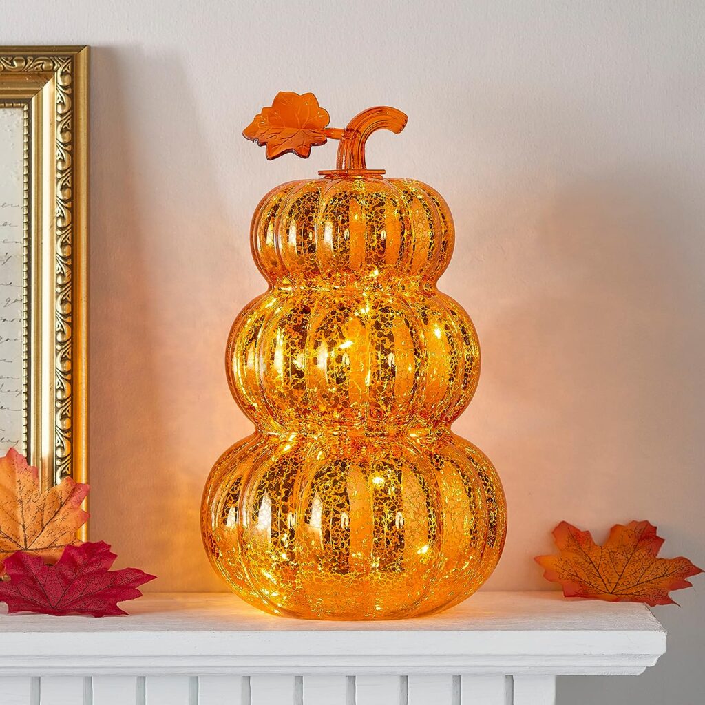 Orange Glass Pumpkin Stack Battery Operated LED Fall Thanksgiving Light Up Decoration