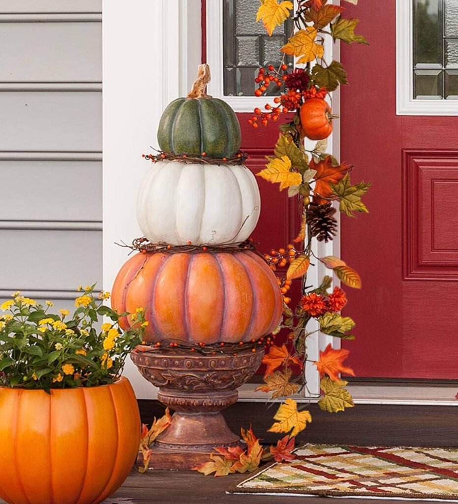 50 Fun Fall Pumpkins on Amazon - Mad Halloween Plow & Hearth Pumpkin Stack Topiary with Urn - 15.25'' x 36.25''