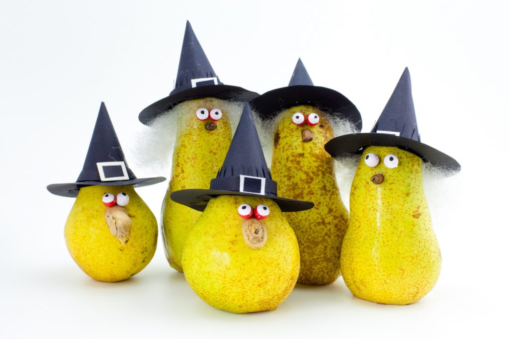 Healthy Halloween Fruit Snacks - Pear Witches - Mad Halloween