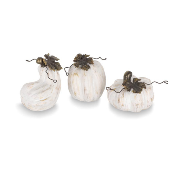 Small White Porcelain Fall Pumpkin Set of 3 With Gold Brushed Leaves - Mad Halloween