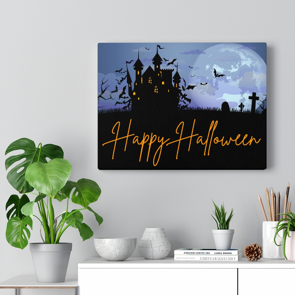 Happy Halloween Haunted House Wall Art Canvas - Halloween Decor Art