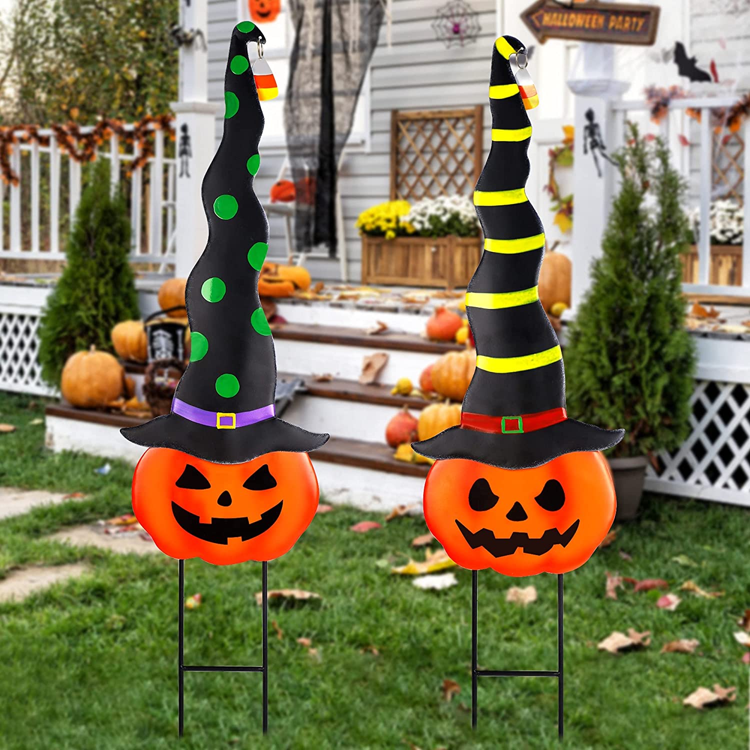 2 Pack Halloween Garden Decorations, Metal Jack-O-Lantern Stakes with Witch Hats