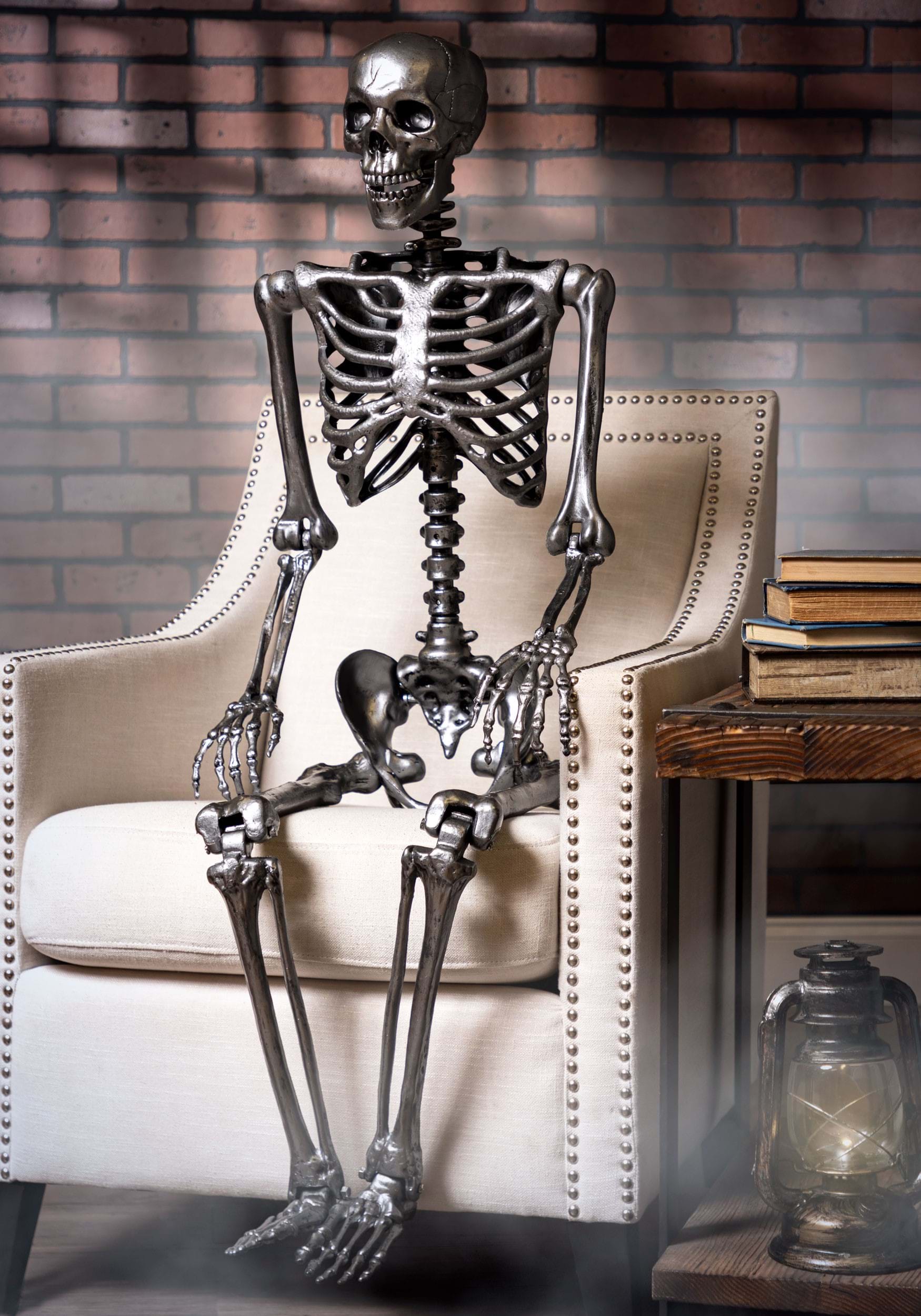 60" Gun Metal Posable Life Size Skeleton Prop - Posable Skeleton Decorations for Halloween - Mad Halloween