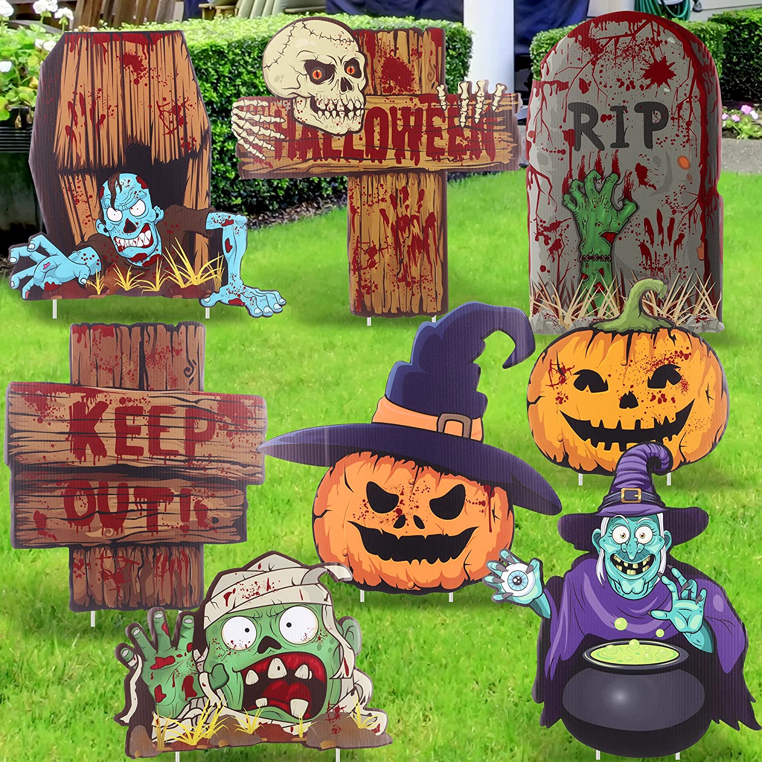Keep Out, Jack O Lantern, Witch, Coffin, Tombstone Yard Stake Signs for Halloween