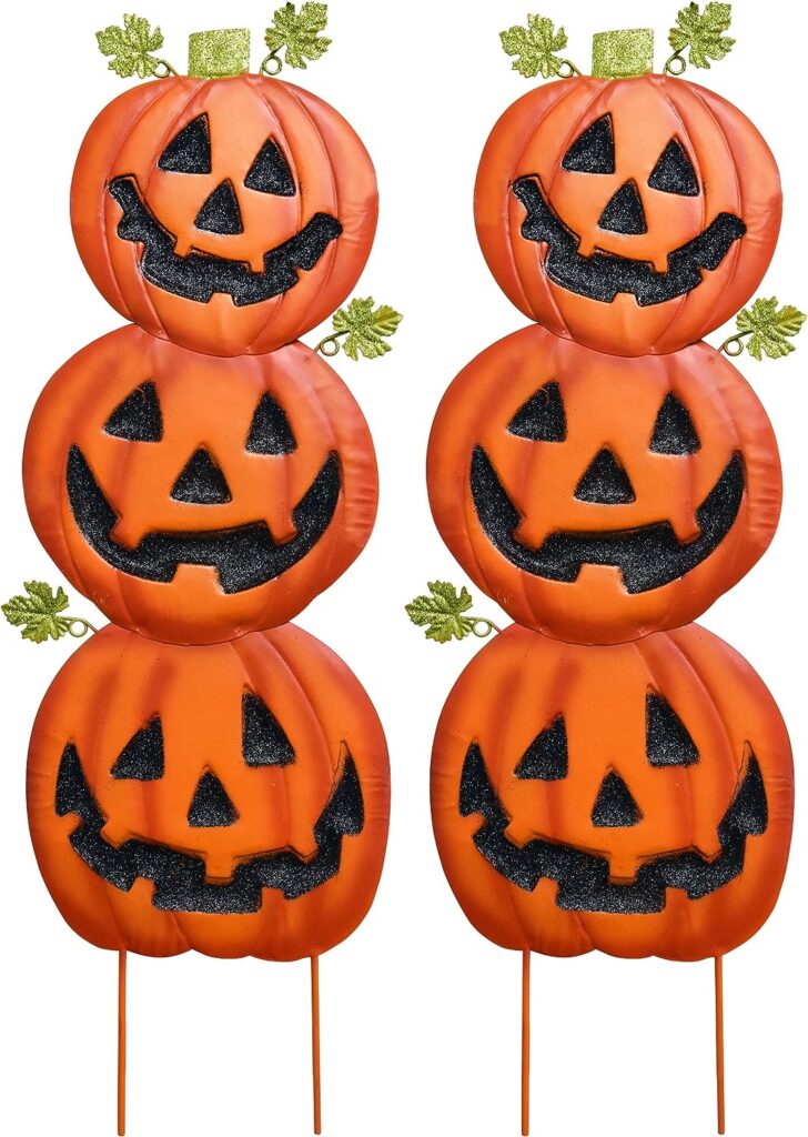 Halloween Jack-O-Lantern Pumpkin Yard Stakes Decorations Set of 2 Metal Thanksgiving Harvest Stacked Pumpkins