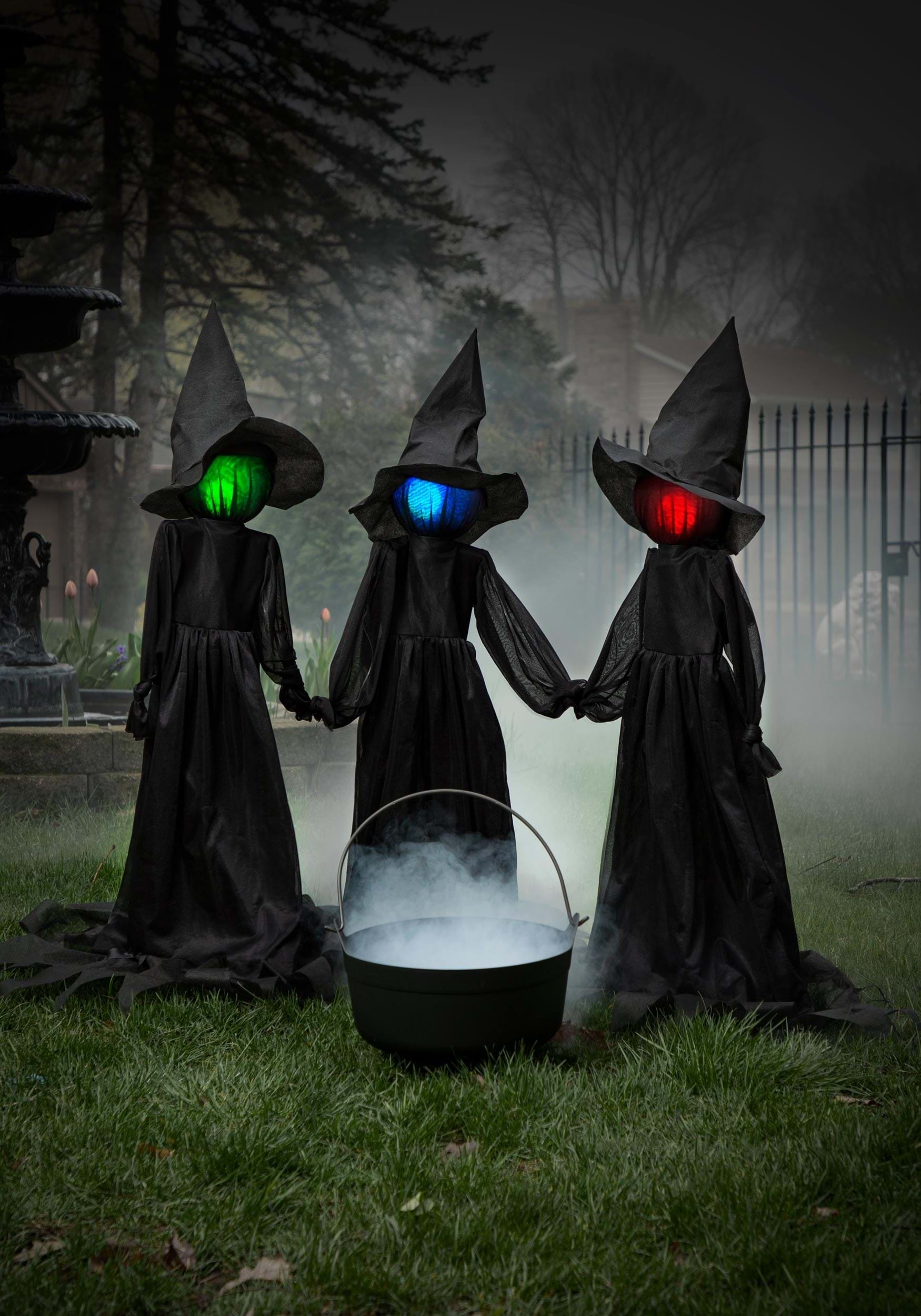 Witches Coven Holding Hands Outdoor Halloween Yard Stake Lighted Witch Decoration