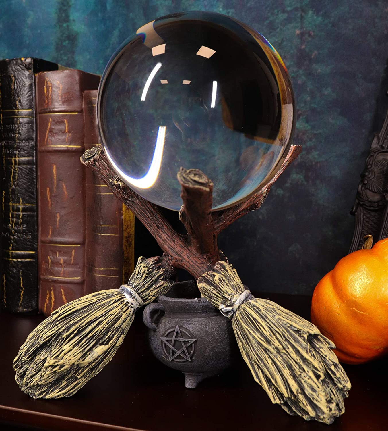 Fortune Teller Scrying Witch Crystal Glass Gazing Ball On Broomsticks and Potion Cauldron Figurine 8" - Witch Decor