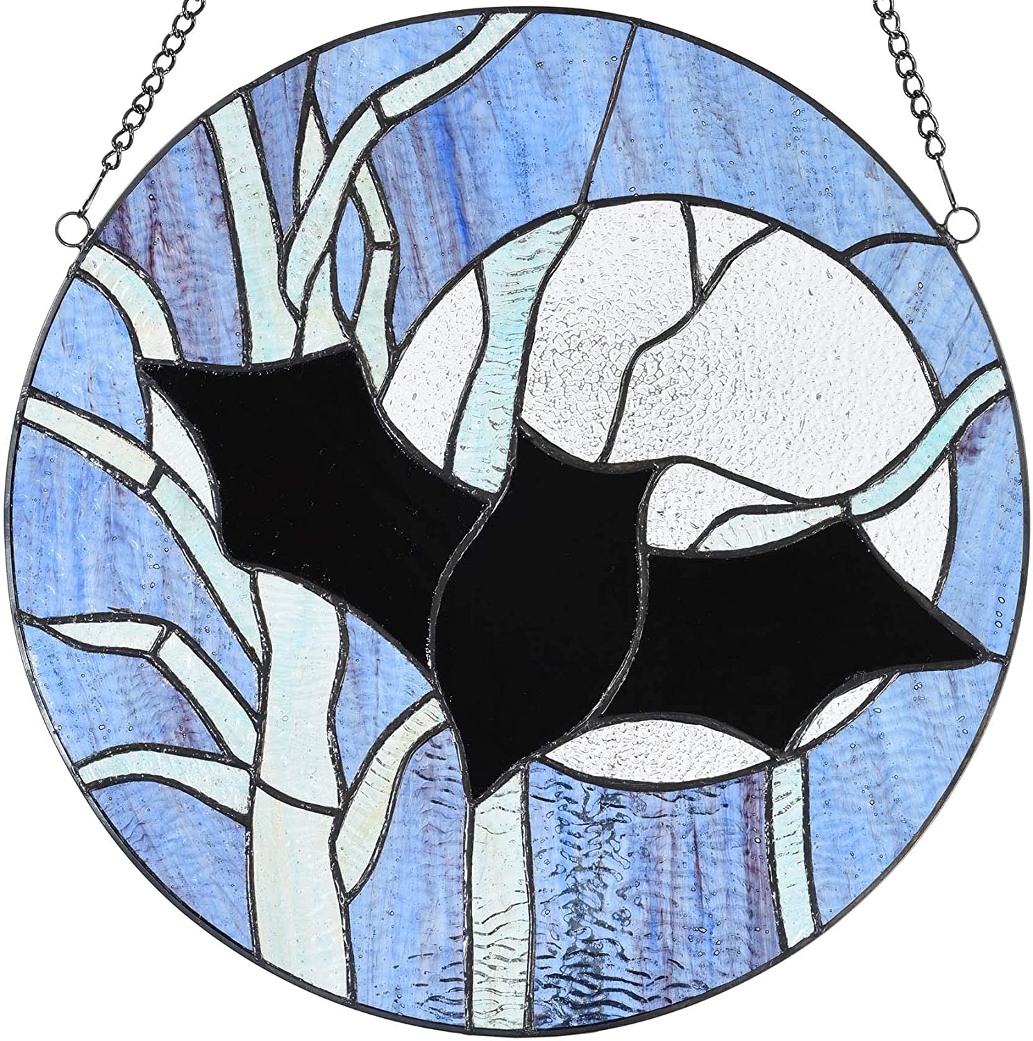 Bat Moon and Tree Tiffany Style Stained Glass Window Panel with Chain, Halloween Decor