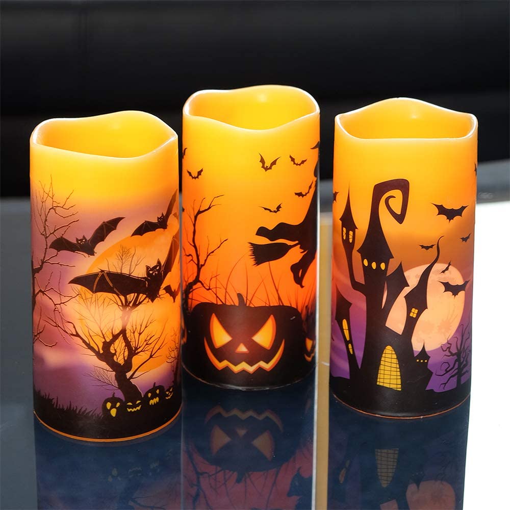 Flameless Candles Real Wax LED Flickering Pillar Candles Set of 3 - Spooky Home Decor