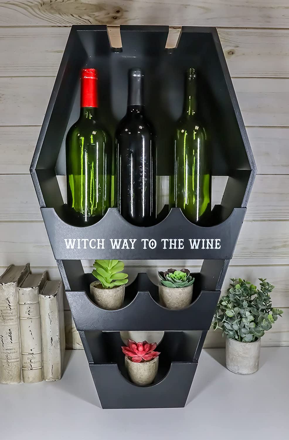 Spooky Decor Scary Decor - Gothic Graveyard Witches and Vampire Black Coffin Casket Wine Glasses and Bottles Rack