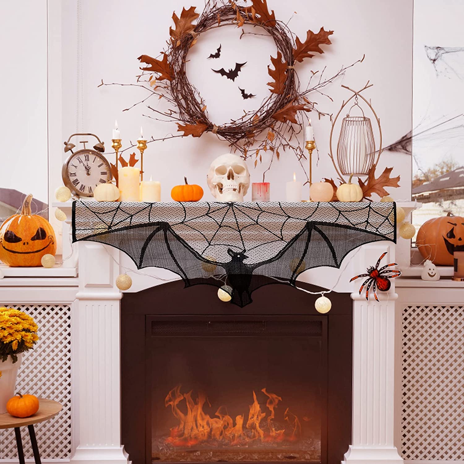 Halloween Black Lace Spiderweb- 2 Pcs Bat Curtain For Window, Curtains, or Fireplace Mantle - Scary Home Decor