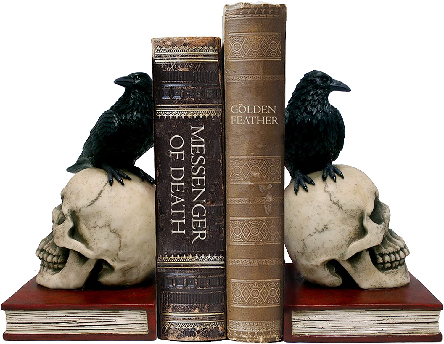 Murder and Mystery - Ravens on Skulls Bookends Gothic Poe Crow - Scary Halloween Decor