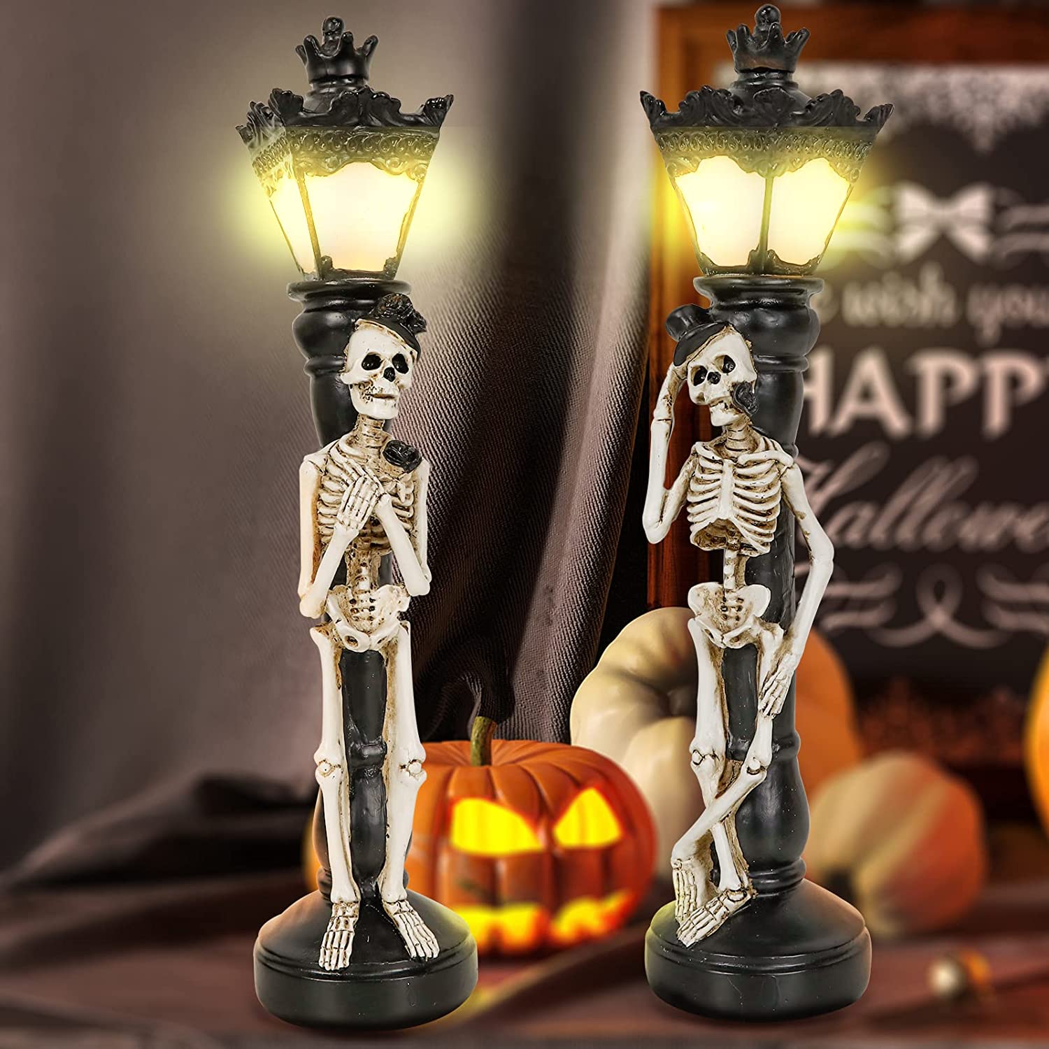 Pair of Halloween Decorations Skeleton Lamp Street Light, Flameless LED Lantern Spooky Decor