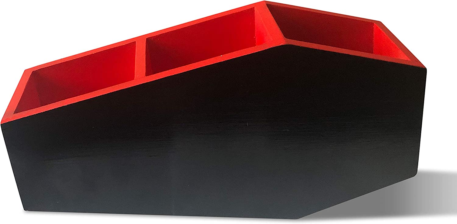 Red Coffin Makeup Brush Holder - Triple Compartment Vanity Organizer and Desk Storage - Scary Halloween Decor