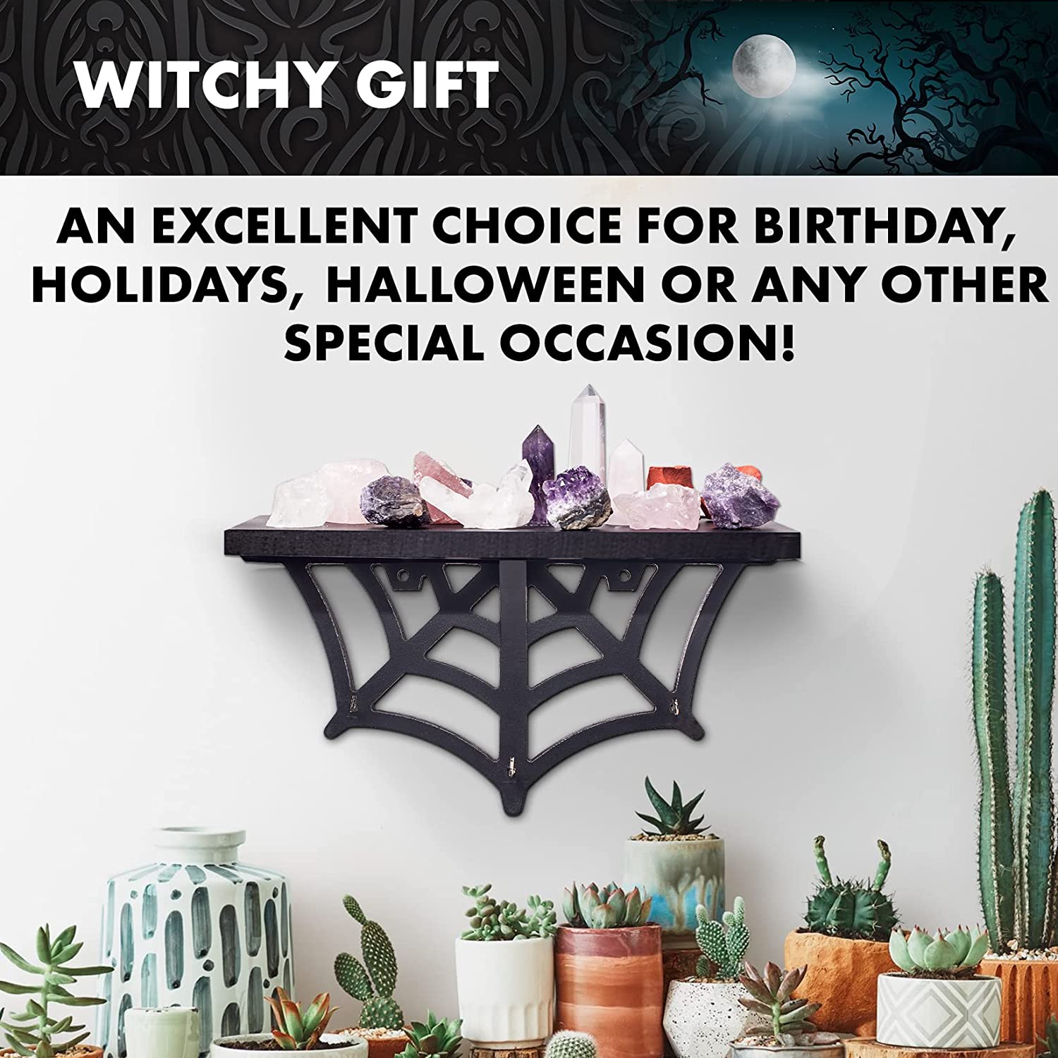 Spider Web Floating Shelf - Gothic Halloween Hanging Shelf With Hooks