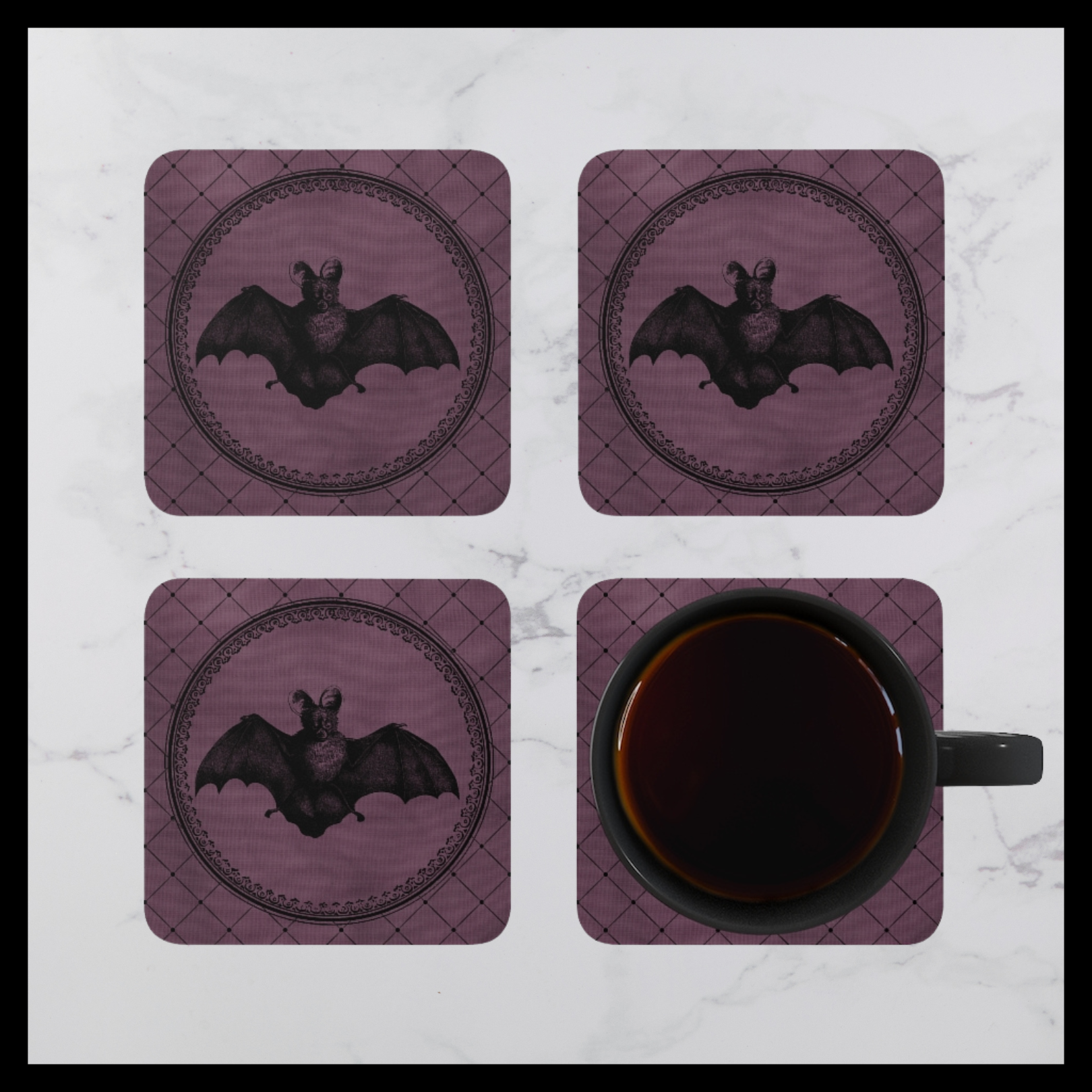 Gothic Victorian Style Bat Corkwood Coaster Set of 4 - Spooky Halloween Decor