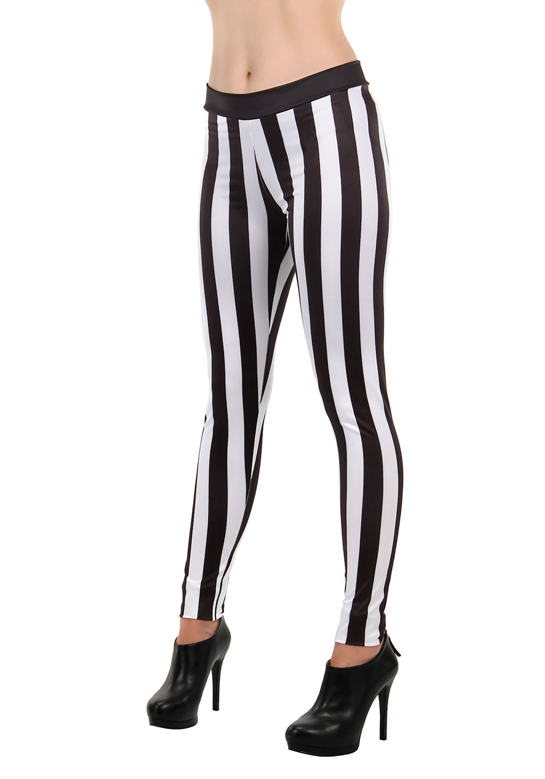 Women's Black and White Striped Beetlejuice Leggings - Mad Halloween