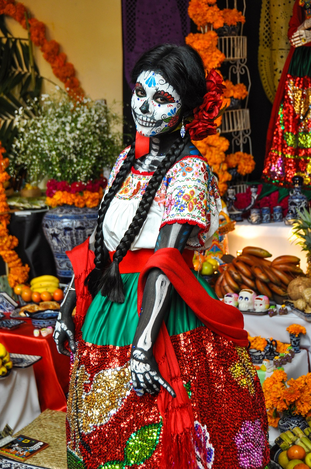 Day of the Dead, Dia de Los Muertos Women in Tradition Mexican Dress and Skull Makeup