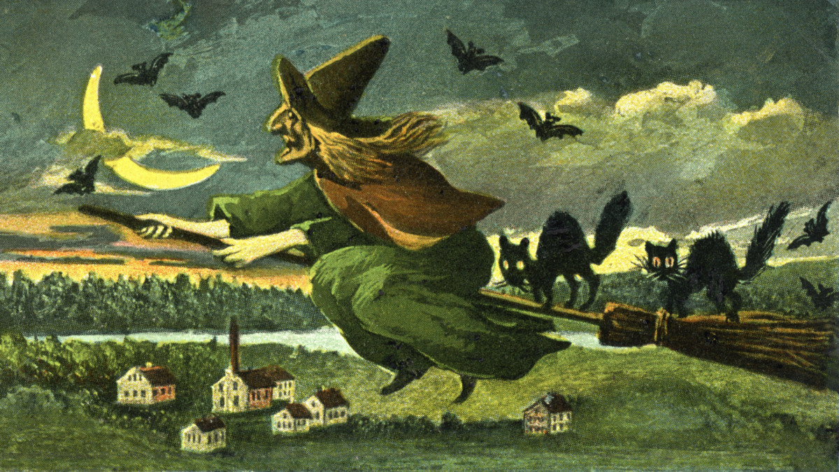 History of Black Cats, Bad Luck, Witches, and Halloween - Black Cat on Broom with Witch 