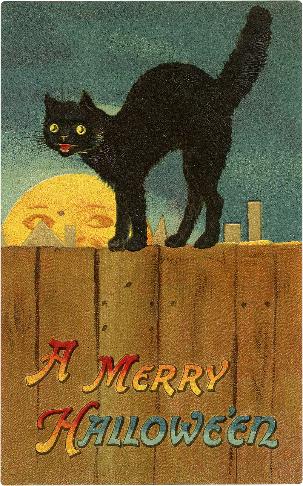 Vintage Halloween Card of Black Cat and Moon - Mad Halloween - History of Black Cats, Bad Luck, Witches and Halloween
