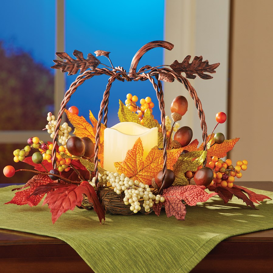Rustic Metal Pumpkin Fall Candle Floral Centerpiece - Decor