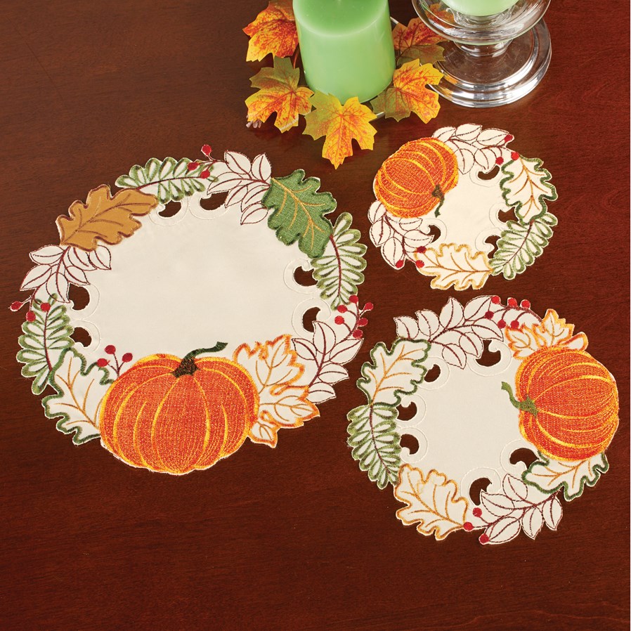 Embroidered Harvest Pumpkin Table Linens - Fall Thanksgiving Placemats