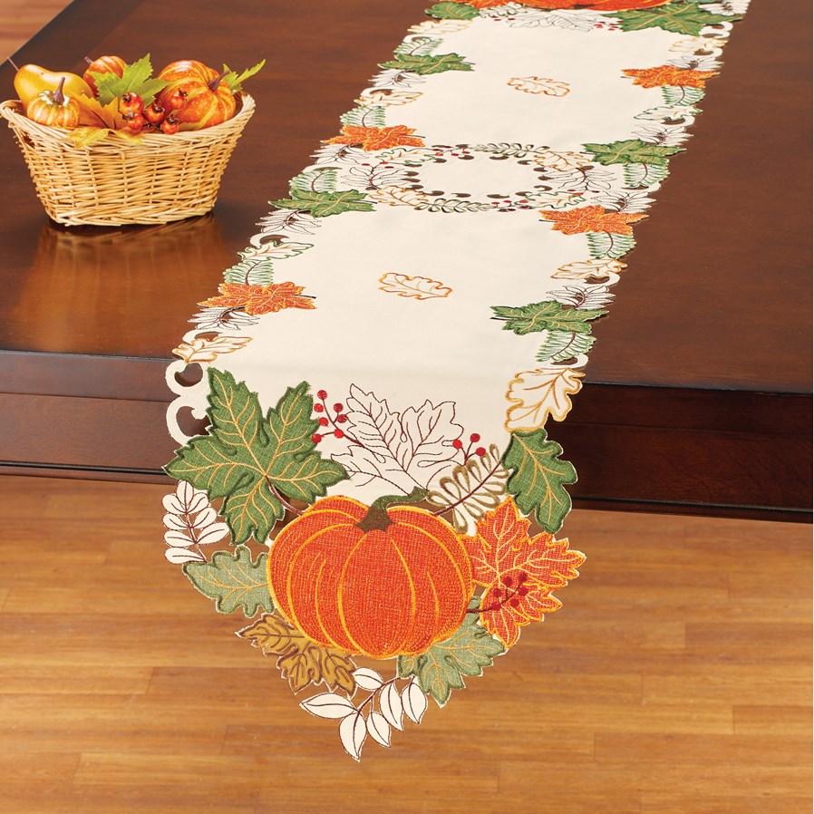 Embroidered Harvest Pumpkin Table Linens - Fall Thanksgiving Table Runner