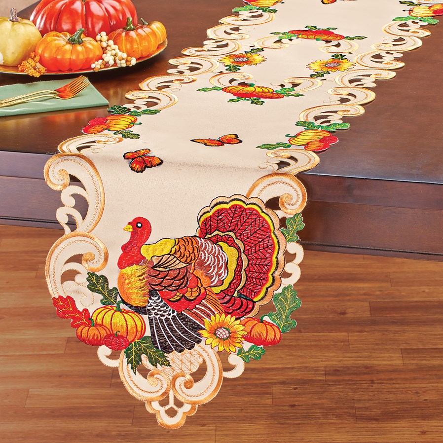 Embroidered, Scalloped Edge Thanksgiving Turkeys Table Decor, Includes Thanksgiving Table Runner and Thanksgiving Table Cloth - Thanksgiving Decor