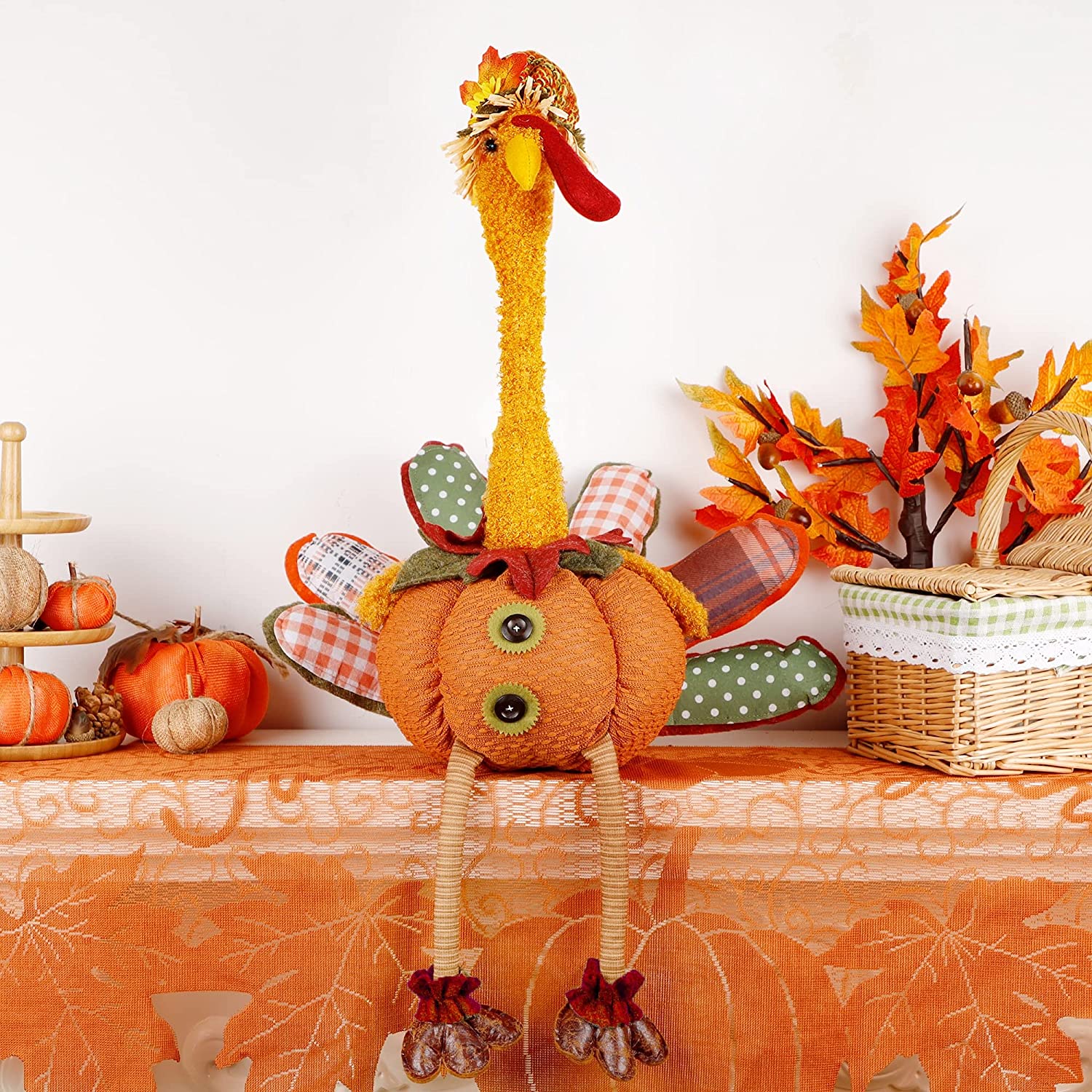 Thanksgiving Decor Turkey with Stretchable Head and Dangling Legs, Harvest Plush