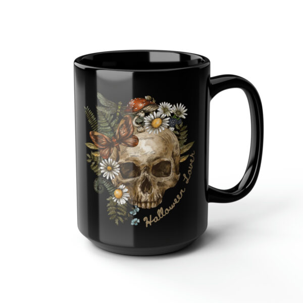 Skull Mug Coffee Cup, Halloween Lover, Butterfly, Dragonfly, Flowers, Mushrooms, Foliage, Black 15oz