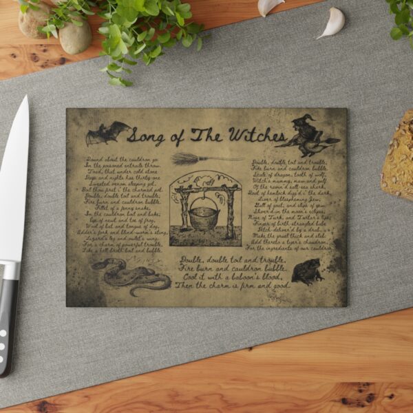 Double, double toil and trouble; Fire Burn, and Cauldron Bubble!!! Cook up some magic in your kitchen with this Song of the Witches Glass Cutting Board.