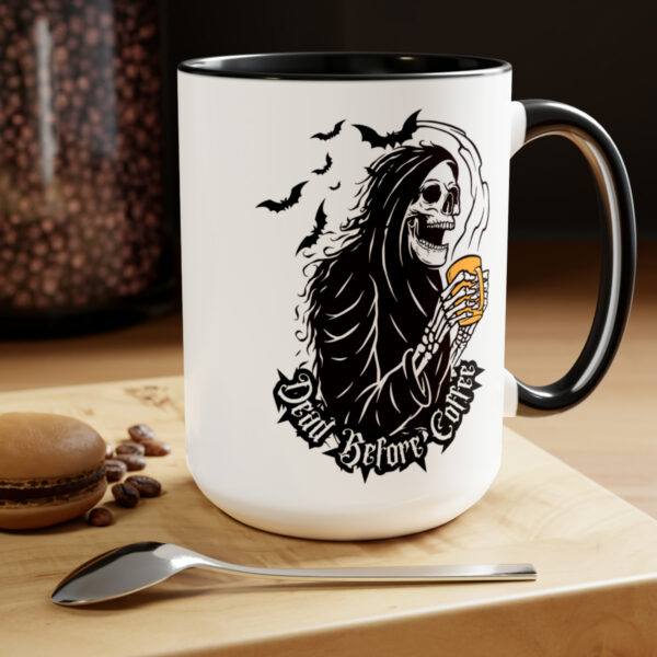 Grim Reaper Horror Coffee Mug, Dead Before Coffee, Black, White, Yellow 15oz