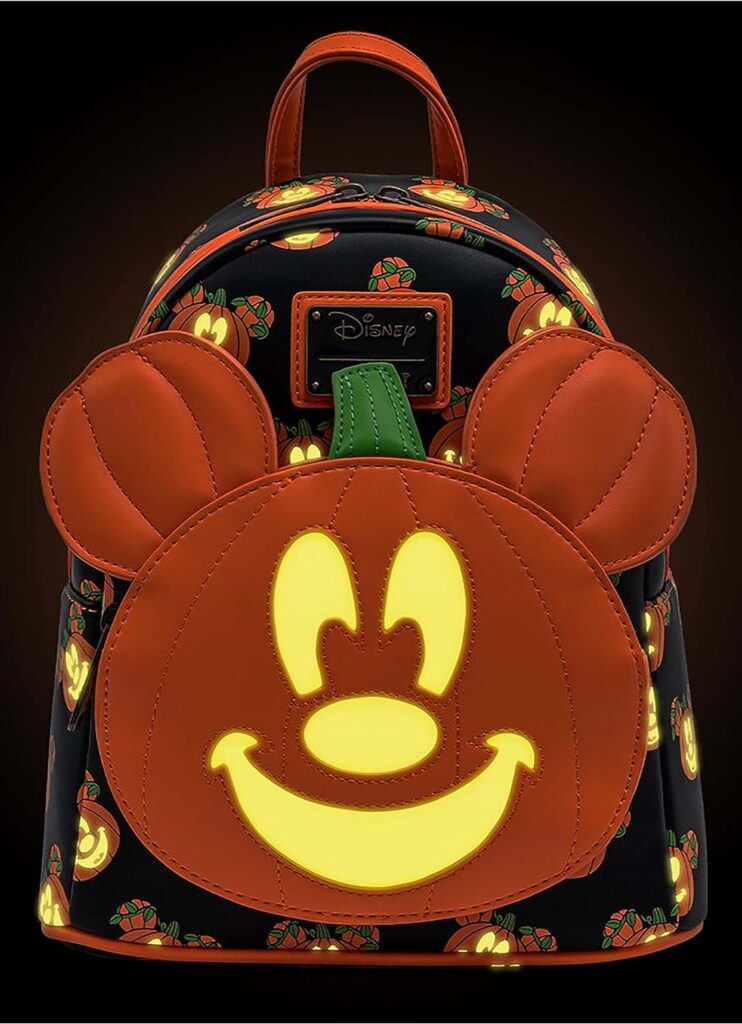 Loungefly Disney Mickey-O-Lantern Backpack Double Strap Shoulder Bag Purse Hallowen Pumpkin Backpack Glow-in-the-Dark