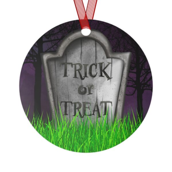Trick or Treat Halloween Tree Ornament, Gravestone, Round, Metal, Purple, White, Gray, Green