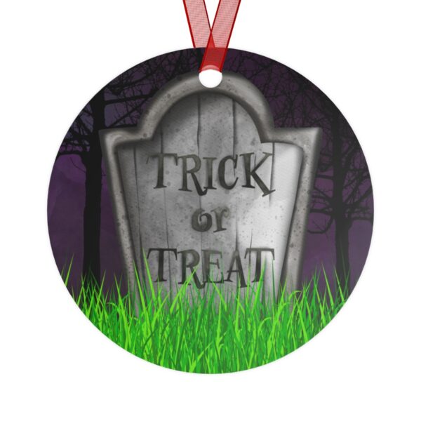 Trick or Treat Halloween Tree Ornament, Gravestone, Round, Metal, Purple, White, Gray, Green - Image 2