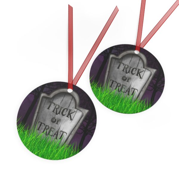 Trick or Treat Halloween Tree Ornament, Gravestone, Round, Metal, Purple, White, Gray, Green - Image 3