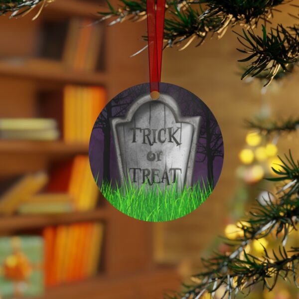 Trick or Treat Halloween Tree Ornament, Gravestone, Round, Metal, Purple, White, Gray, Green - Image 4