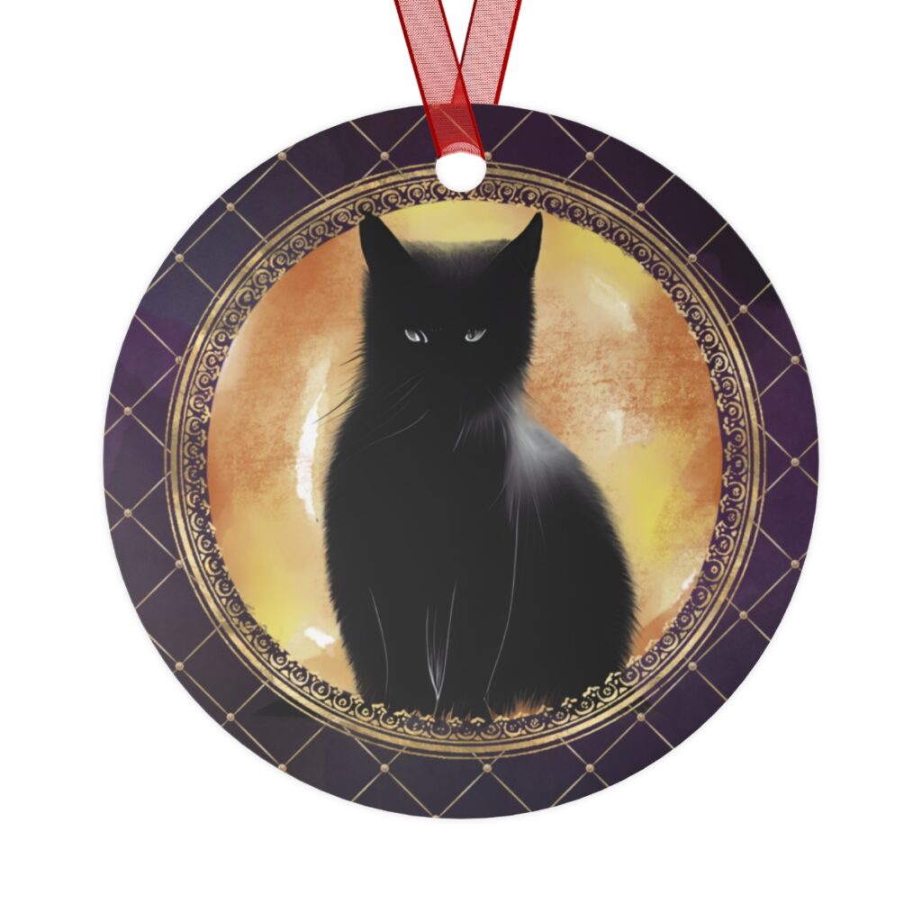 Black Cat Halloween Tree Ornament, Round, Metal, Purple, Gold, Black