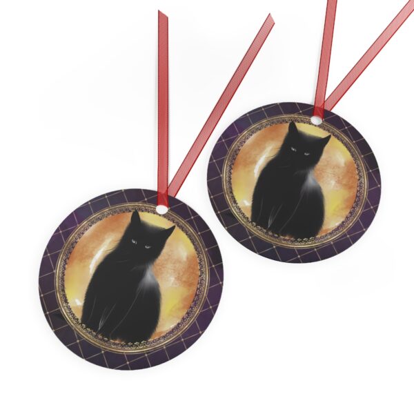 Black Cat Halloween Tree Ornament, Round, Metal, Purple, Gold, Black - Image 3