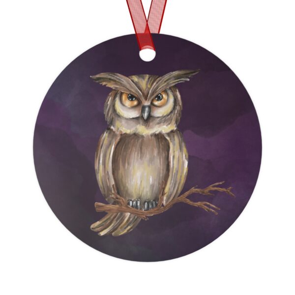 Owl Halloween Tree Ornament, Round, Metal, Purple, Gray, Brown, Yellow