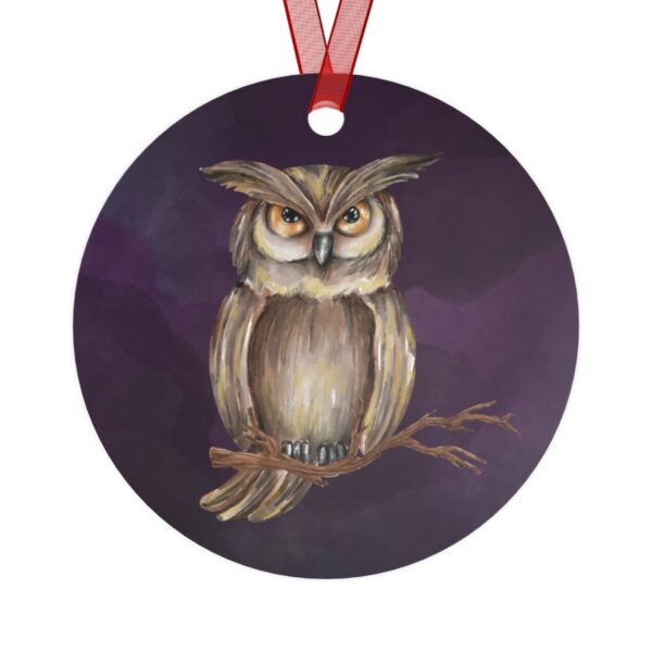 Owl Halloween Tree Ornament, Round, Metal, Purple, Gray, Brown, Yellow - Image 2