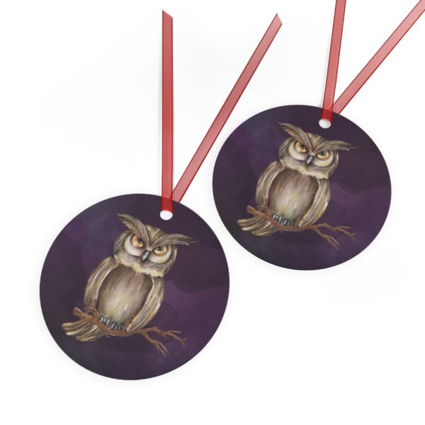 Owl Halloween Tree Ornament, Round, Metal, Purple, Gray, Brown, Yellow - Image 3