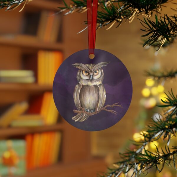 Owl Halloween Tree Ornament, Round, Metal, Purple, Gray, Brown, Yellow - Image 4