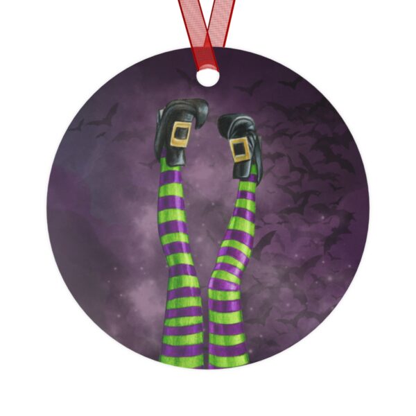 Are you looking for Halloween Tree Decorations? If so this round Purple, Green, Gold, and Black Witch Legs Halloween Tree Ornament is a great choice! Mad Halloween