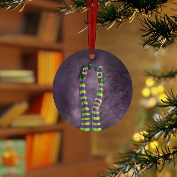 Witch Legs Halloween Tree Ornament, Round, Metal, Purple, Black, Green, Gold - Image 4